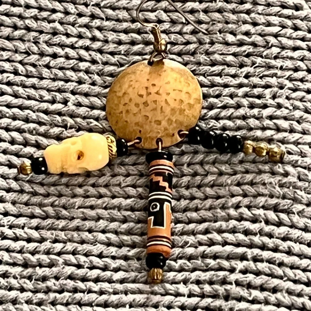 Peruvian Handmade Boho Tribal Skull Dangle Earrings Mixed Media Gold Black